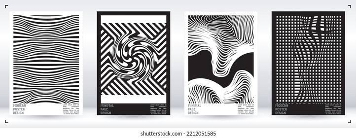 Abstract Poster Design with Optical Illusion Effect. Modern Psychedelic Cover Page Collection. Monochrome Wave Lines Background. Fluid Stripes Art. Swiss Design. Vector Illustration for Booklet. 