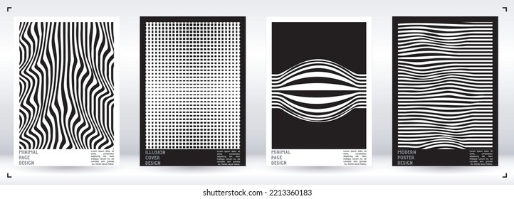 Abstract Poster Design with Optical Illusion Effect. Minimal Psychedelic Cover Page Collection. Monochrome Wave Lines Background. Fluid Stripes Art. Swiss Design. Vector Illustration for Banner. 