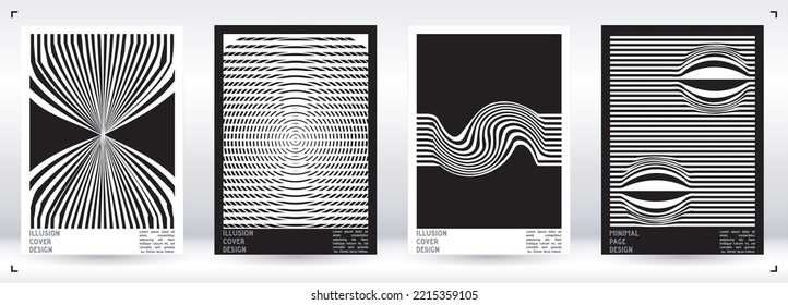 Abstract Poster Design with Optical Illusion Effect. Minimal Psychedelic Cover Page Collection. Monochrome Wave Lines Background. Fluid Stripes Art. Swiss Design. Vector Illustration for Placard.