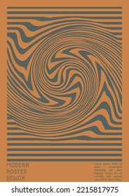 Abstract Poster Design with Optical Illusion Effect. Minimal Psychedelic Cover Page Collection. Grey Wave Lines Background. Fluid Stripes Art. Swiss Design. Vector Illustration for Magazine,