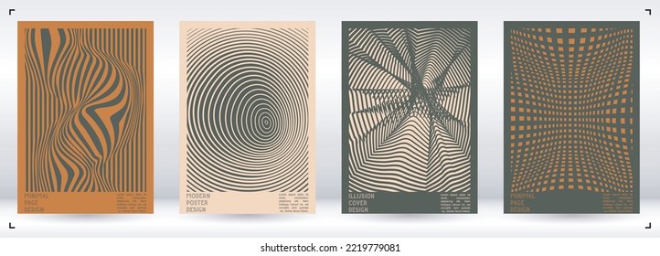 Abstract Poster Design with Optical Illusion Effect. Minimal Psychedelic Cover Page Collection. Brown Wave Lines Background. Fluid Stripes Art. Swiss Design. Vector Illustration for Placard. svg