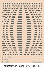 Abstract Poster Design with Optical Illusion Effect. Minimal Psychedelic Cover Page Collection. Grey Wave Lines Background. Fluid Stripes Art. Swiss Design. Vector Illustration for Placard,