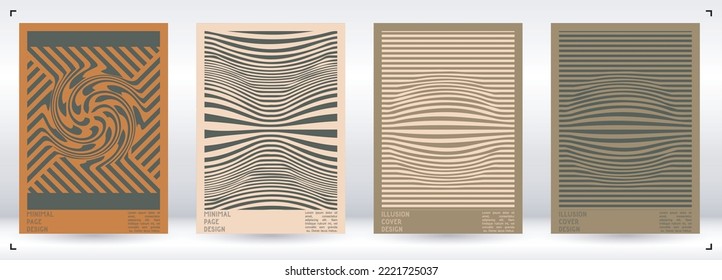 Abstract Poster Design with Optical Illusion Effect. Minimal Psychedelic Cover Page Collection. Neon Wave Lines Background. Fluid Stripes Art. Swiss Design. Vector Illustration for Flyer.