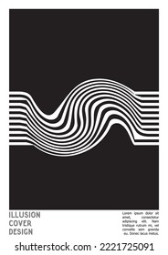 Abstract Poster Design with Optical Illusion Effect. Minimal Psychedelic Cover Page Collection. Monochrome Wave Lines Background. Fluid Stripes Art. Swiss Design. Vector Illustration for Magazine.