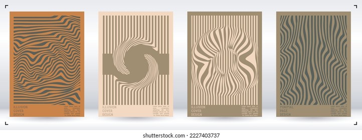 Abstract Poster Design with Optical Illusion Effect. Minimal Psychedelic Cover Page Collection. Monochrome Wave Lines Background. Fluid Stripes Art. Swiss Design. Vector Illustration for Magazine.