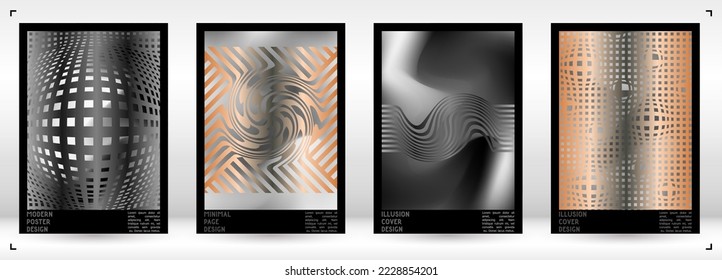 Abstract Poster Design with Optical Illusion Effect. Modern Psychedelic Cover Page Collection. Monochrome Wave Lines Background. Fluid Stripes Art. Swiss Design. Vector Illustration for Placard.