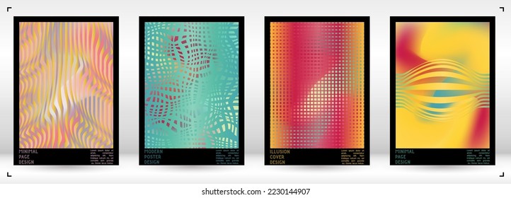 Abstract Poster Design with Optical Illusion Effect. Minimal Psychedelic Cover Page Collection. Calm Wave Lines Background. Fluid Stripes Art. Swiss Design. Vector Illustration for Magazine.
