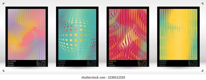 Abstract Poster Design with Optical Illusion Effect. Modern Psychedelic Cover Page Collection. Pastel Wave Lines Background. Fluid Stripes Art. Swiss Design. Vector Illustration for Placard.