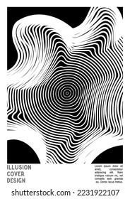 Abstract Poster Design with Optical Illusion Effect. Minimal Psychedelic Cover Page Collection. Monochrome Wave Lines Background. Fluid Stripes Art. Swiss Design. Vector Illustration for Booklet. 