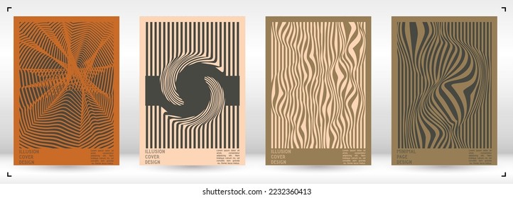 Abstract Poster Design with Optical Illusion Effect. Minimal Psychedelic Cover Page Collection. Calm Wave Lines Background. Fluid Stripes Art. Swiss Design. Vector Illustration for Flyer.