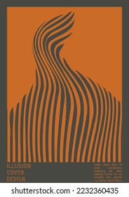 Abstract Poster Design with Optical Illusion Effect. Modern Psychedelic Cover Page Collection. Brown Wave Lines Background. Fluid Stripes Art. Swiss Design. Vector Illustration for Placard,