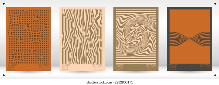 Abstract Poster Design with Optical Illusion Effect. Minimal Psychedelic Cover Page Collection. Calm Wave Lines Background. Fluid Stripes Art. Swiss Design. Vector Illustration for Brochure.