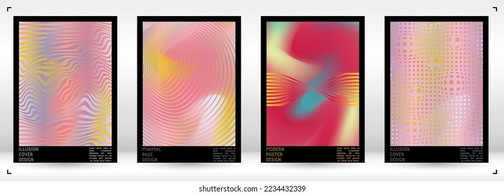 Abstract Poster Design with Optical Illusion Effect. Minimal Psychedelic Cover Page Collection. Colorful Wave Lines Background. Fluid Stripes Art. Swiss Design. Vector Illustration for Brochure.