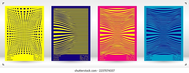 Abstract Poster Design with Optical Illusion Effect. Minimal Psychedelic Cover Page Collection. Bright Wave Lines Background. Fluid Stripes Art. Swiss Design. Vector Illustration for Banner. 