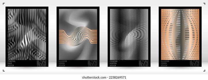 Abstract Poster Design with Optical Illusion Effect. Modern Psychedelic Cover Page Collection. Pastel Wave Lines Background. Fluid Stripes Art. Swiss Design. Vector Illustration for Flyer.