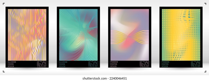 Abstract Poster Design with Optical Illusion Effect. Minimal Psychedelic Cover Page Collection. Calm Wave Lines Background. Fluid Stripes Art. Swiss Design. Vector Illustration for Booklet. 