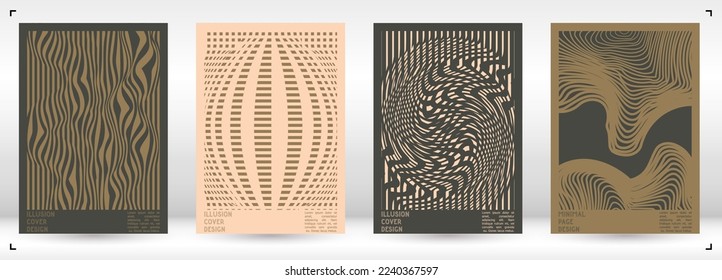 Abstract Poster Design with Optical Illusion Effect. Minimal Psychedelic Cover Page Collection. Monochrome Wave Lines Background. Fluid Stripes Art. Swiss Design. Vector Illustration for Report.
