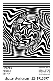 Abstract Poster Design with Optical Illusion Effect. Minimal Psychedelic Cover Page Collection. Monochrome Wave Lines Background. Fluid Stripes Art. Swiss Design. Vector Illustration for Magazine.