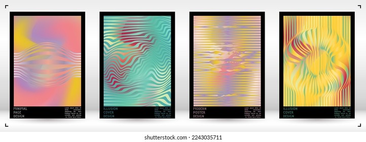 Abstract Poster Design with Optical Illusion Effect. Minimal Psychedelic Cover Page Collection. Monochrome Wave Lines Background. Fluid Stripes Art. Swiss Design. Vector Illustration for Magazine.