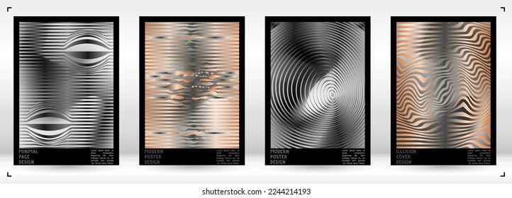 Abstract Poster Design with Optical Illusion Effect. Modern Psychedelic Cover Page Collection. Pastel Wave Lines Background. Fluid Stripes Art. Swiss Design. Vector Illustration for Report.