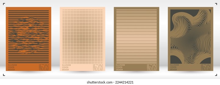 Abstract Poster Design with Optical Illusion Effect. Minimal Psychedelic Cover Page Collection. Calm Wave Lines Background. Fluid Stripes Art. Swiss Design. Vector Illustration for Report.