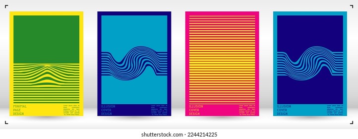 Abstract Poster Design with Optical Illusion Effect. Minimal Psychedelic Cover Page Collection. Monochrome Wave Lines Background. Fluid Stripes Art. Swiss Design. Vector Illustration for Placard.