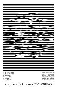 Abstract Poster Design with Optical Illusion Effect. Minimal Psychedelic Cover Page Collection. Monochrome Wave Lines Background. Fluid Stripes Art. Swiss Design. Vector Illustration for Brochure.