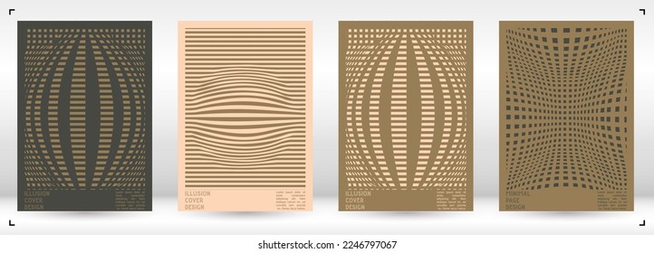 Abstract Poster Design with Optical Illusion Effect. Minimal Psychedelic Cover Page Collection. Calm Wave Lines Background. Fluid Stripes Art. Swiss Design. Vector Illustration for Report.