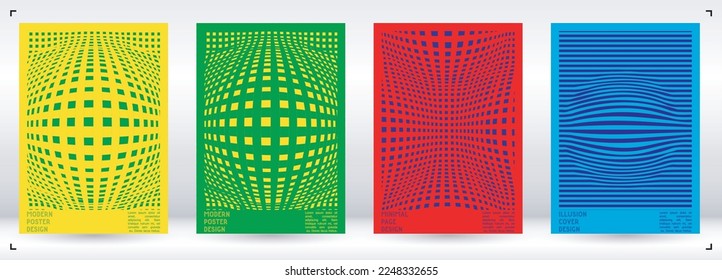 Abstraktes Poster-Design mit optischem Illusionseffekt. Modern Psychedelic Cover Page Collection. Farbiger Hintergrund der Wellenlinien. Fluid Stripes Art. Swiss Design. Vektorgrafik für das Magazin.