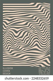 Abstract Poster Design with Optical Illusion Effect. Modern Psychedelic Cover Page Collection. Brown Wave Lines Background. Fluid Stripes Art. Swiss Design. Vector Illustration for Magazine,