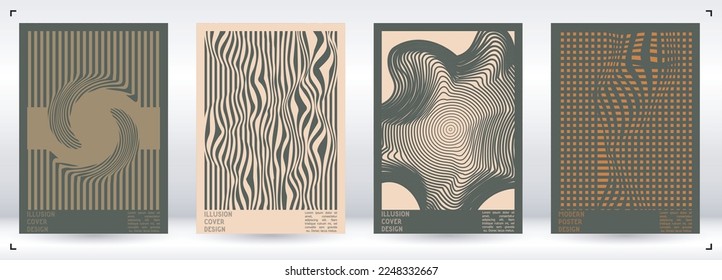 Abstraktes Poster-Design mit optischem Illusionseffekt. Minimale Kollektion von psychedelischen Titelseiten. Calm Wave Lines Hintergrund. Fluid Stripes Art. Swiss Design. Vektorgrafik für Banner. 