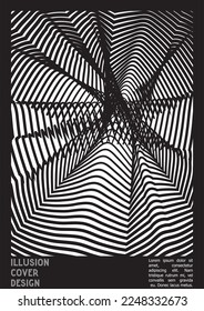 Abstract Poster Design with Optical Illusion Effect. Minimal Psychedelic Cover Page Collection. Monochrome Wave Lines Background. Fluid Stripes Art. Swiss Design. Vector Illustration for Booklet. 