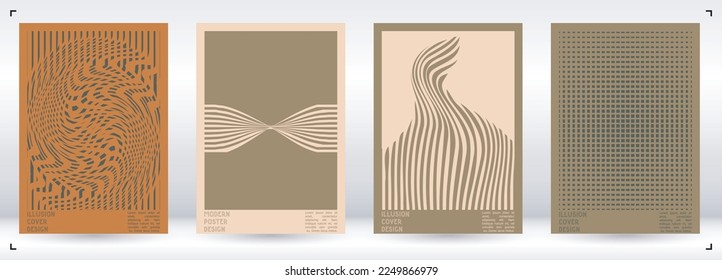 Abstract Poster Design with Optical Illusion Effect. Minimal Psychedelic Cover Page Collection. Calm Wave Lines Background. Fluid Stripes Art. Swiss Design. Vector Illustration for Flyer.