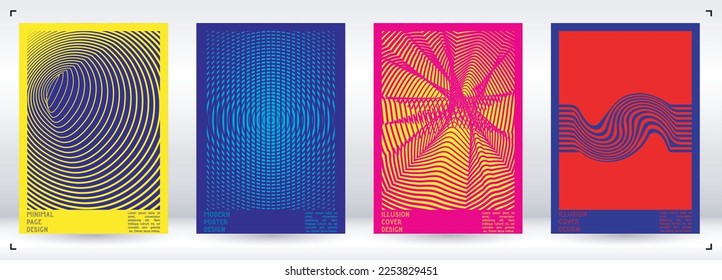 Abstract Poster Design with Optical Illusion Effect. Modern Psychedelic Cover Page Collection. Monochrome Wave Lines Background. Fluid Stripes Art. Swiss Design. Vector Illustration for Flyer.