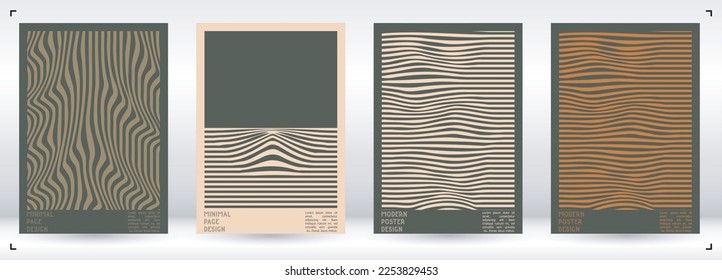 Abstract Poster Design with Optical Illusion Effect. Minimal Psychedelic Cover Page Collection. Calm Wave Lines Background. Fluid Stripes Art. Swiss Design. Vector Illustration for Flyer.