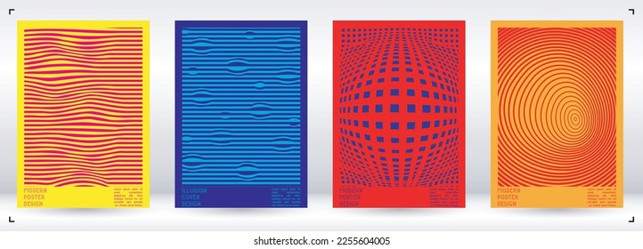 Abstract Poster Design with Optical Illusion Effect. Modern Psychedelic Cover Page Collection. Monochrome Wave Lines Background. Fluid Stripes Art. Swiss Design. Vector Illustration for Magazine.