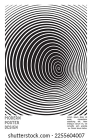 Abstract Poster Design with Optical Illusion Effect. Modern Psychedelic Cover Page Collection. Monochrome Wave Lines Background. Fluid Stripes Art. Swiss Design. Vector Illustration for Brochure.
