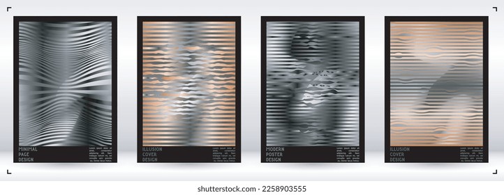 Abstract Poster Design with Optical Illusion Effect. Minimal Psychedelic Cover Page Collection. Brown Wave Lines Background. Fluid Stripes Art. Swiss Design. Vector Illustration for Flyer.