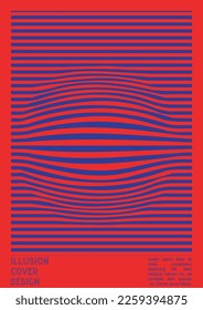 Abstract Poster Design with Optical Illusion Effect. Minimal Psychedelic Cover Page Collection. Neon Wave Lines Background. Fluid Stripes Art. Swiss Design. Vector Illustration for Report.
