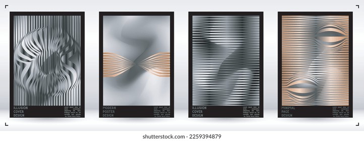 Abstract Poster Design with Optical Illusion Effect. Minimal Psychedelic Cover Page Collection. Colorful Wave Lines Background. Fluid Stripes Art. Swiss Design. Vector Illustration for Placard.