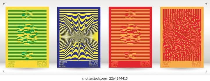 Abstract Poster Design with Optical Illusion Effect. Modern Psychedelic Cover Page Collection. Colourful Wave Lines Background. Fluid Stripes Art. Swiss Design. Vector Illustration for Booklet. 