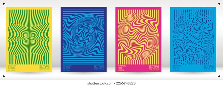 Abstraktes Poster-Design mit optischem Illusionseffekt. Minimale Kollektion von psychedelischen Titelseiten. Neon Wave Lines Hintergrund. Fluid Stripes Art. Swiss Design. Vektorgrafik für das Magazin.