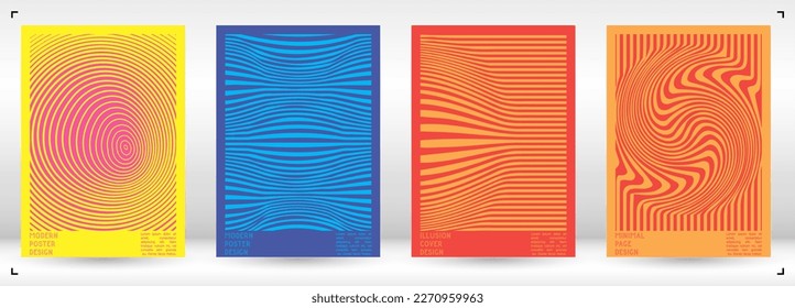 Resumen Diseño de afiches con efecto de ilusión óptica. Colección mínima de portadas psicodélicas. Fondo de las líneas onduladas monocromáticas. Arte de Rayas Fluidas. Diseño Suizo. Ilustración vectorial para pancarta. 