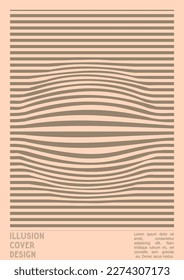 Abstract Poster Design with Optical Illusion Effect. Minimal Psychedelic Cover Page Collection. Grey Wave Lines Background. Fluid Stripes Art. Swiss Design. Vector Illustration for Presentation