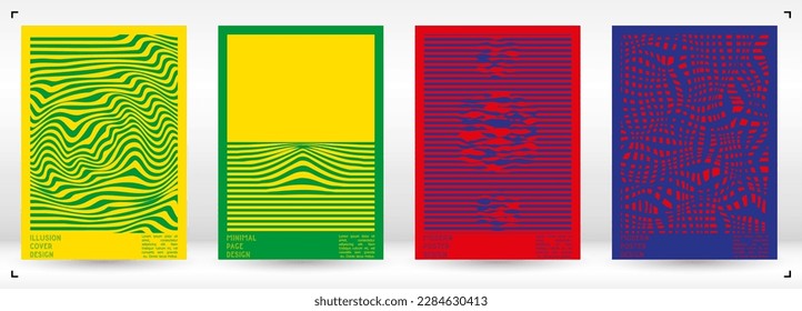 Abstract Poster Design with Optical Illusion Effect. Minimal Psychedelic Cover Page Collection. Bright Wave Lines Background. Fluid Stripes Art. Swiss Design. Vector Illustration for Banner. 