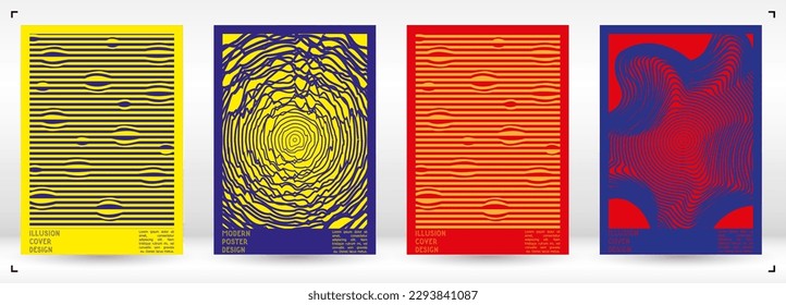 Abstract Poster Design with Optical Illusion Effect. Modern Psychedelic Cover Page Collection. Monochrome Wave Lines Background. Fluid Stripes Art. Swiss Design. Vector Illustration for Report.