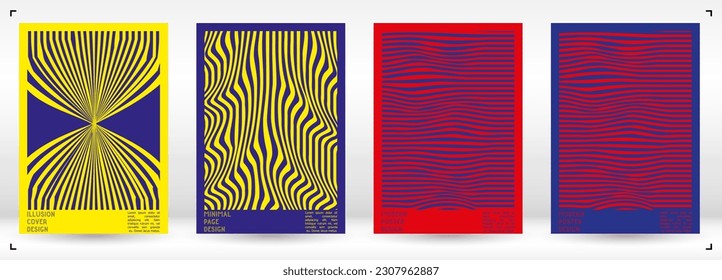 Abstract Poster Design with Optical Illusion Effect. Modern Psychedelic Cover Page Collection. Monochrome Wave Lines Background. Fluid Stripes Art. Swiss Design. Vector Illustration for Banner. 