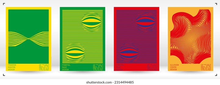 Abstract Poster Design with Optical Illusion Effect. Minimal Psychedelic Cover Page Collection. Bright Wave Lines Background. Fluid Stripes Art. Swiss Design. Vector Illustration for Banner. 