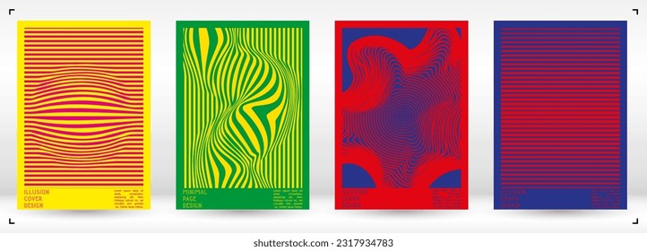 Abstract Poster Design with Optical Illusion Effect. Minimal Psychedelic Cover Page Collection. Neon Wave Lines Background. Fluid Stripes Art. Swiss Design. Vector Illustration for Flyer.