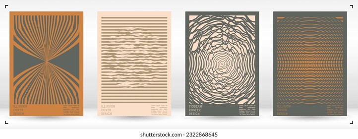 Abstract Poster Design with Optical Illusion Effect. Minimal Psychedelic Cover Page Collection. Calm Wave Lines Background. Fluid Stripes Art. Swiss Design. Vector Illustration for Magazine.